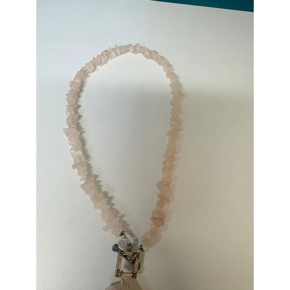 Rose Quartz Chip Bead Necklace with Large‎ Slab Pendant Toggle Clasp Pink Silver